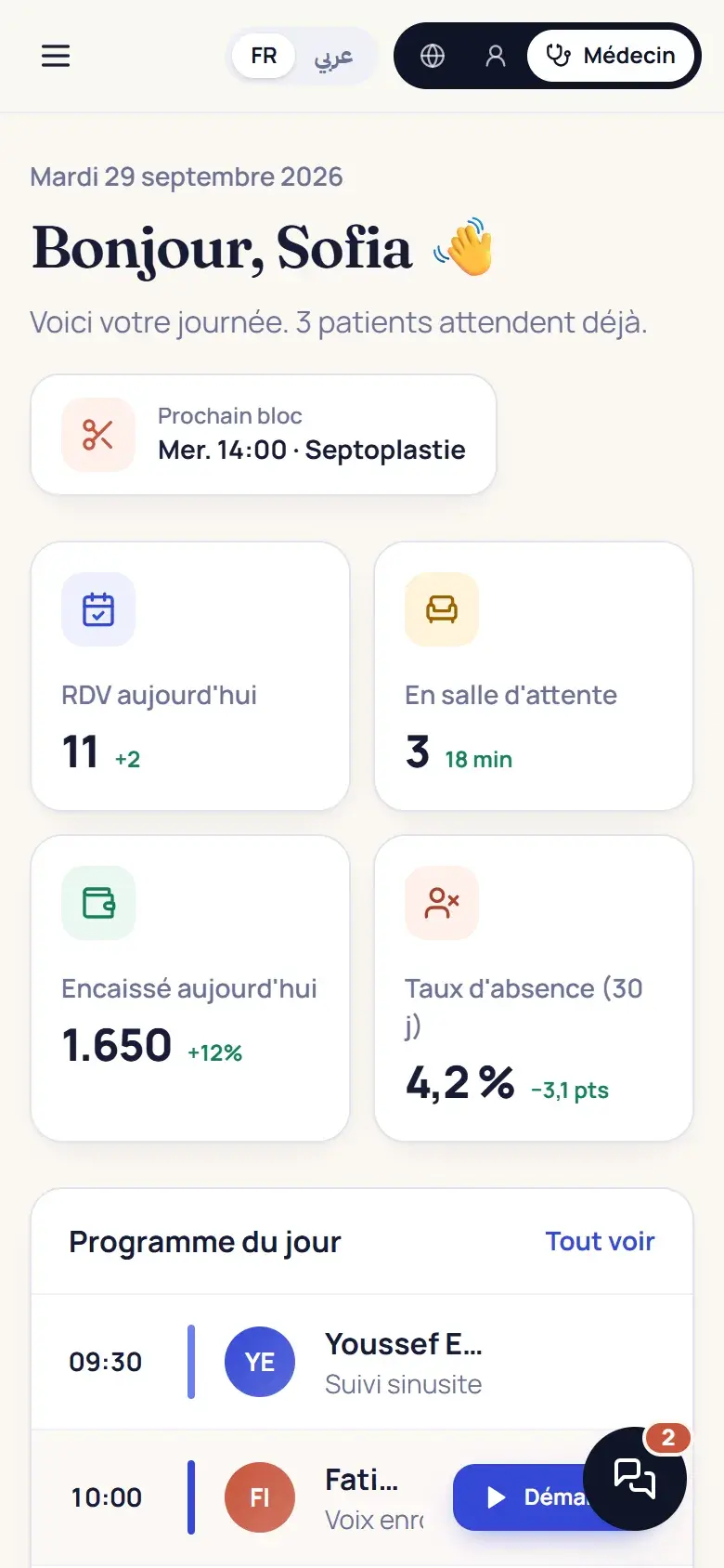 Application médecin Nabed : tableau de bord du jour